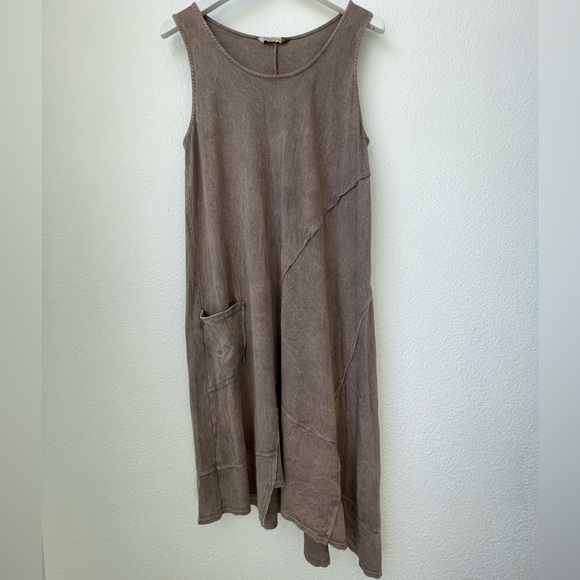 Chalet Et Cici Asymmetrical Army Green Flowy 100% Cotton Pocket Dress Size Med - Picture 1 of 5
